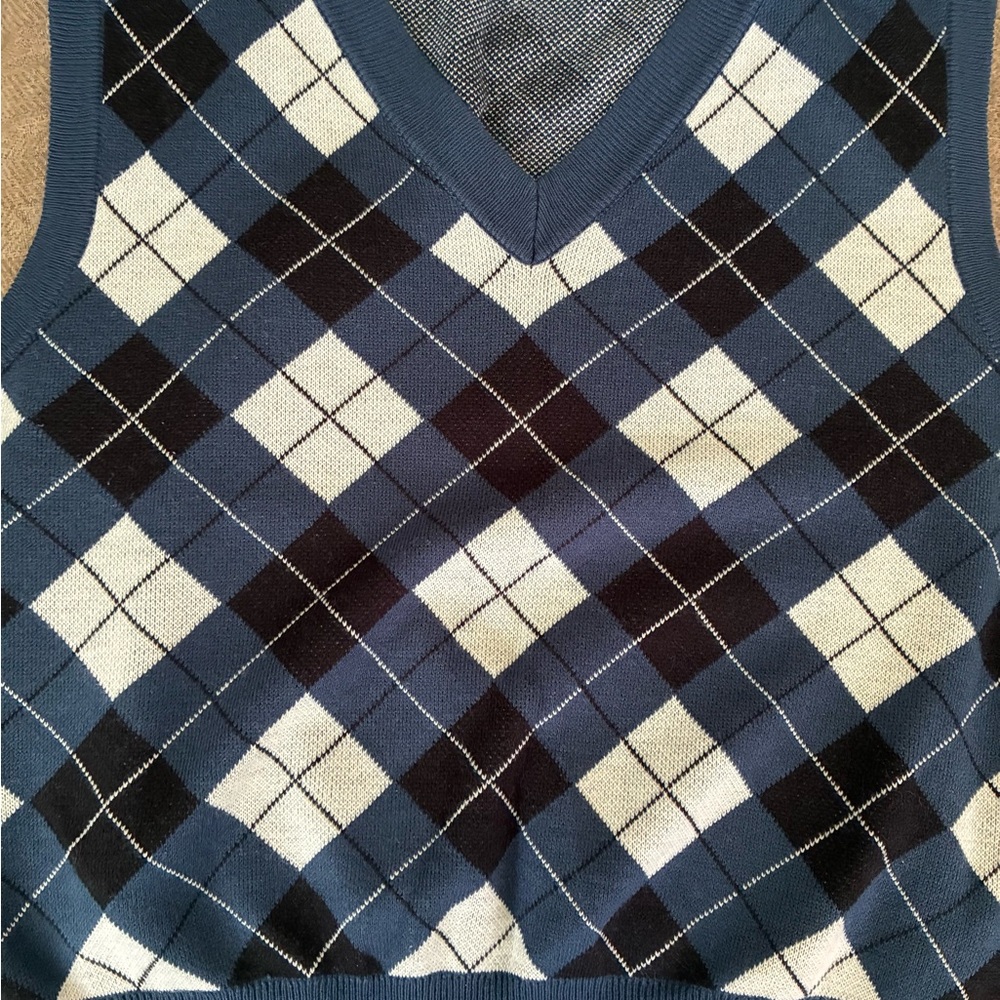 LuLaRoe Blue and Black Argyle V-Neck Sweater Vest